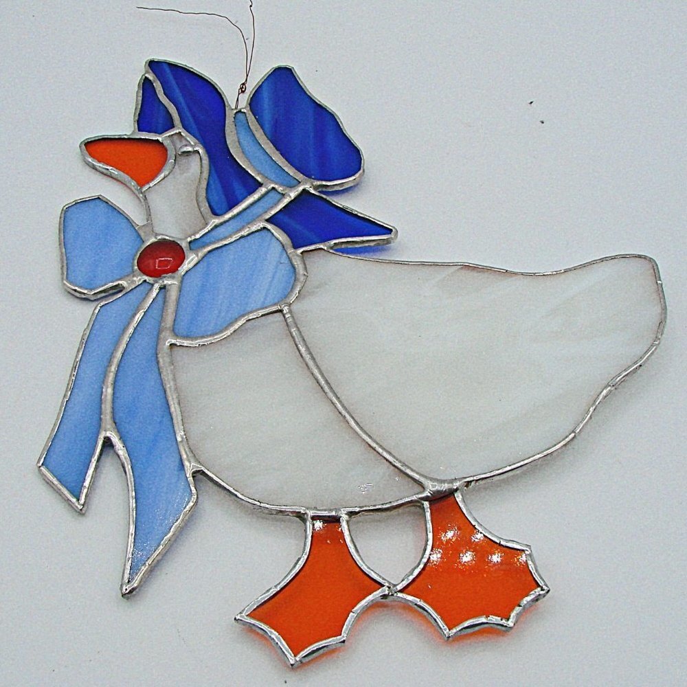 Stained Glass Goose Mother Goose Suncatcher Hanging Window Decor Blue White 7.5"